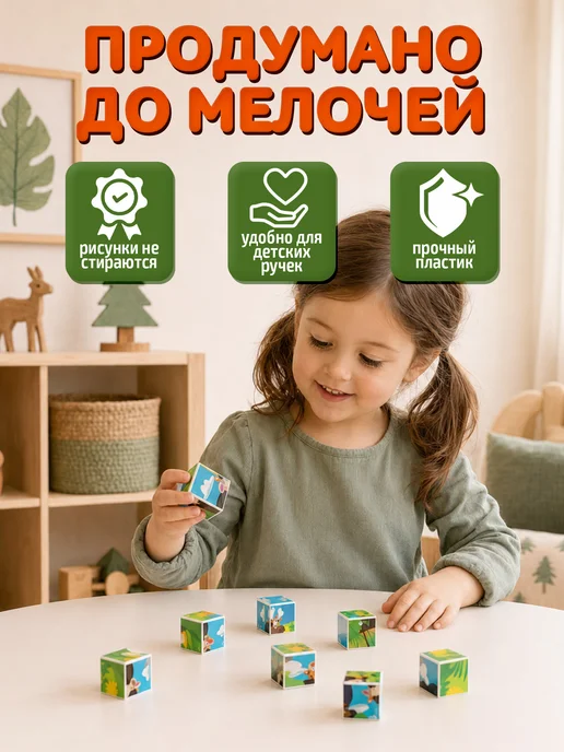 ДЕСЯТОЕ КОРОЛЕВСТВО Развивающие кубики с картинками для малышей Животные, голубой, фото 2