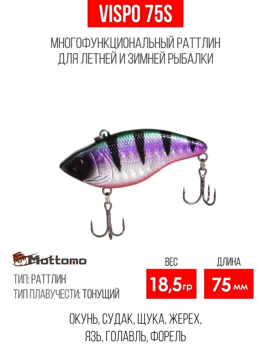 Воблер для рыбалки на щуку, окуня Моттомо Vispo 75S 18,5g