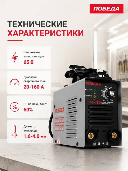 Победа Сварочный аппарат инверторный АС 160, черный, фото 2