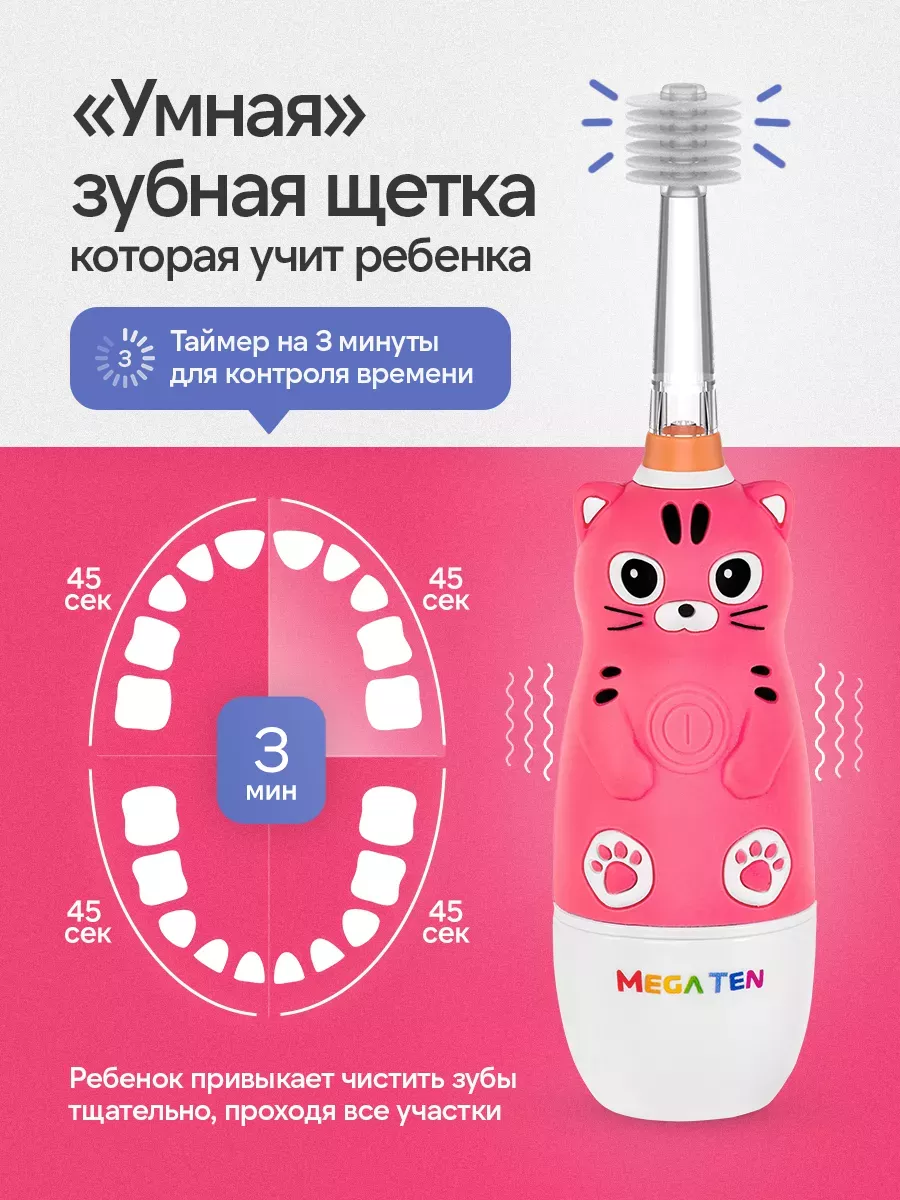 Электрическая зубная щетка Котенок Pinky, 0-12 лет Megaten 10200713 купить  за 2 395 ₽ в интернет-магазине Wildberries