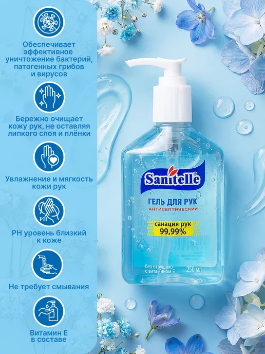 Sanitelle Антисептик гель для рук с витамином Е,250 мл, 250 мл, фото 2