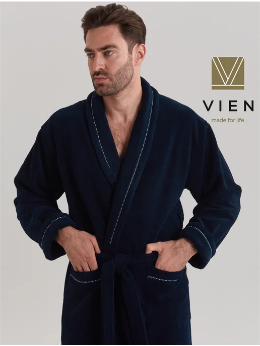 VIEN Халат мужской махровый длинный больших размеров DANIEL, синий
