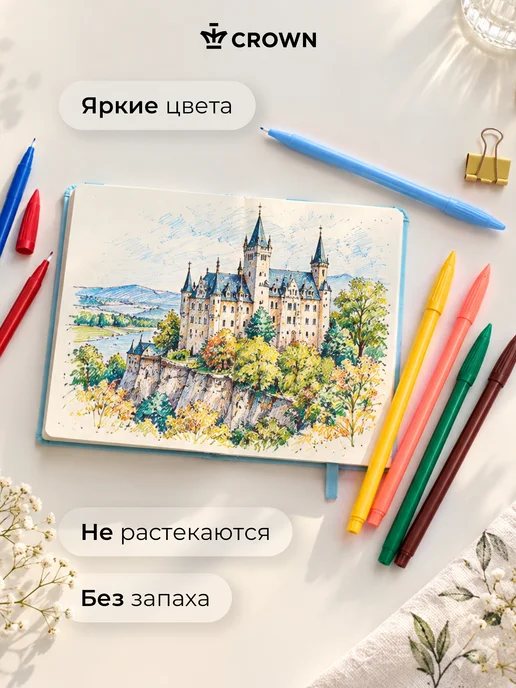 Crown! Капиллярные ручки цветные набор 12 цветов, 12 цв., фото 2