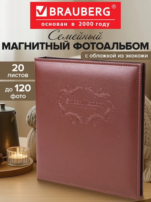 Brauberg Фотоальбом для фотографий магнитный семейный 20 листов, коричневый
