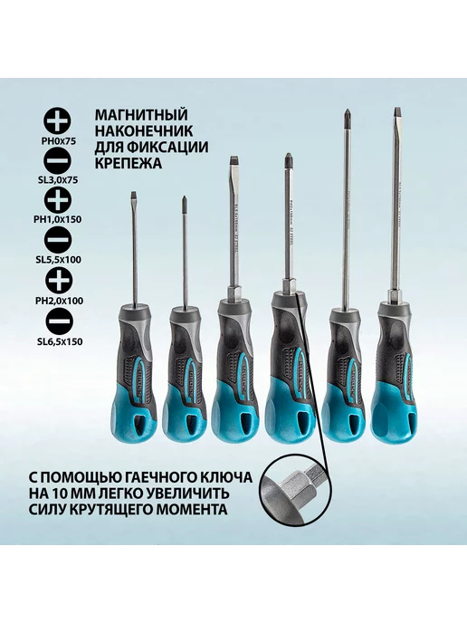 GROSS Набор отверток (шлицевые, крестовые), 6 штук, 12164, синий, фото 5