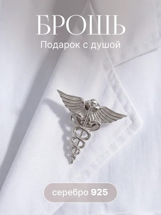 TOP CRYSTAL Ювелирная брошь медицинская Кадуцей 925 пробы, серый