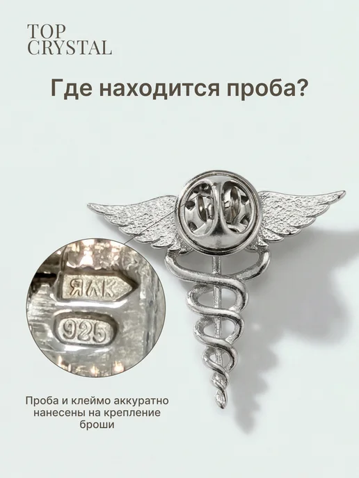 TOP CRYSTAL Ювелирная брошь медицинская Кадуцей 925 пробы, серый, фото 3