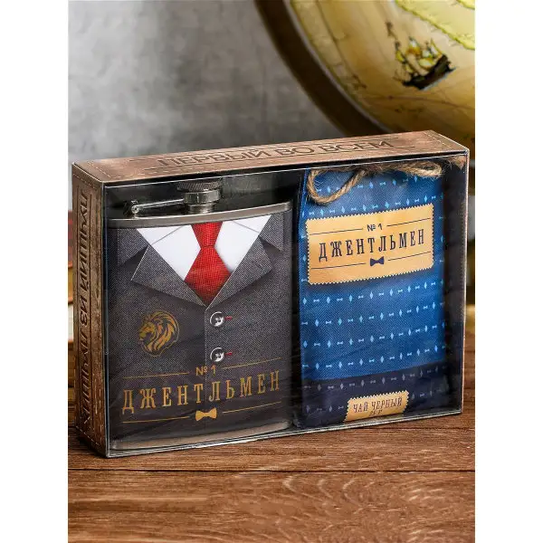 Подарок ко дню рождения мужчине парню мужу Подарочный набор Джентльмен: фляжка 210 мл, чай 25 гр.