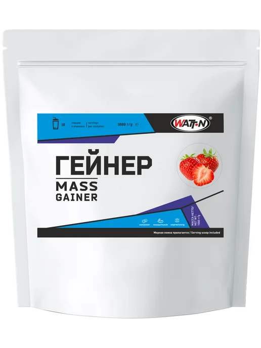 WATT NUTRITION Гейнер для набора массы, Mass Gainer, 1000 гр, клубника, 1 кг, фото 8