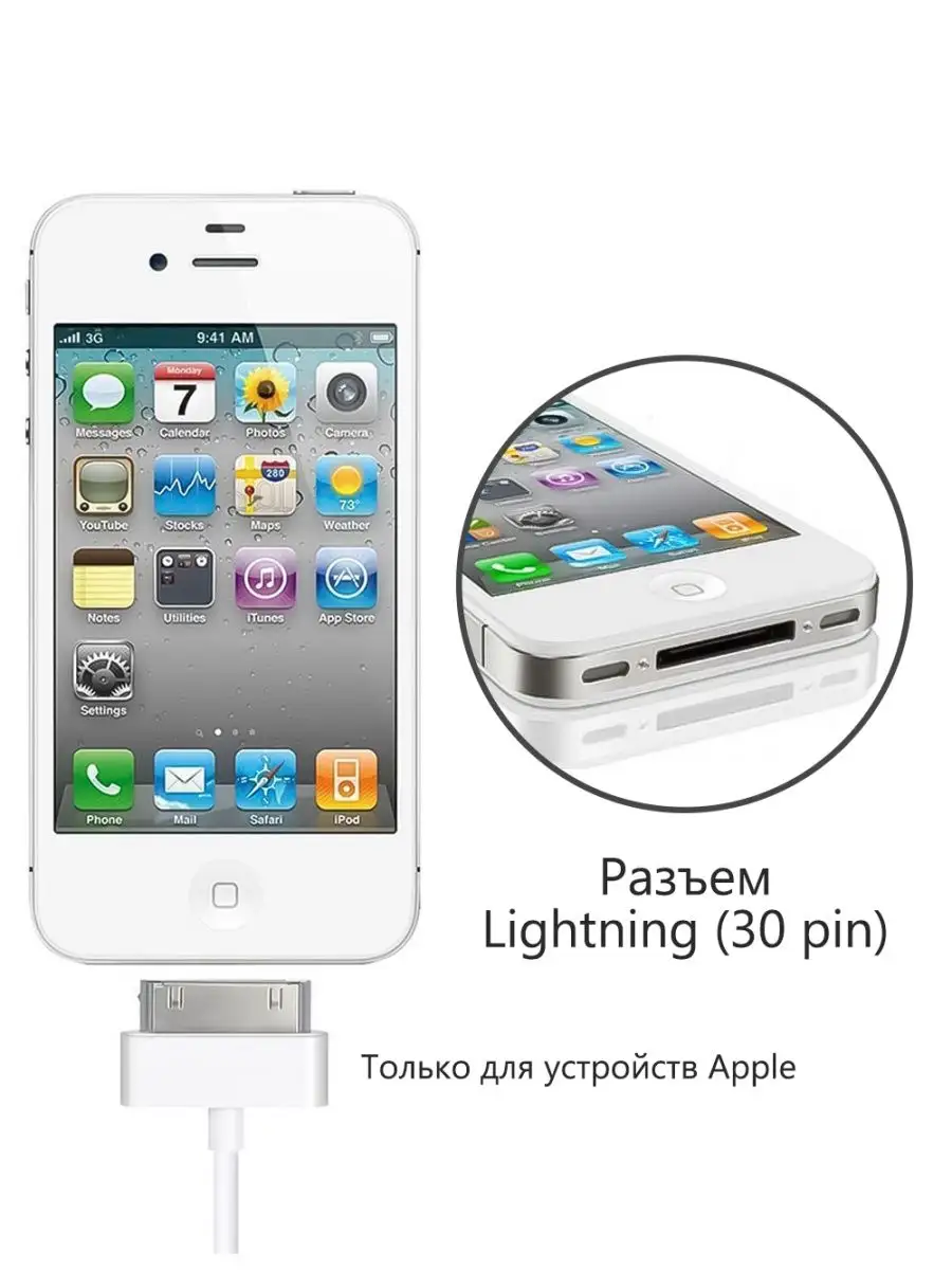 Кабель зарядка для iPhone 4, iPad 2 iPod Touch (30 pin) Mobileplus 10853362  купить за 123 ₽ в интернет-магазине Wildberries