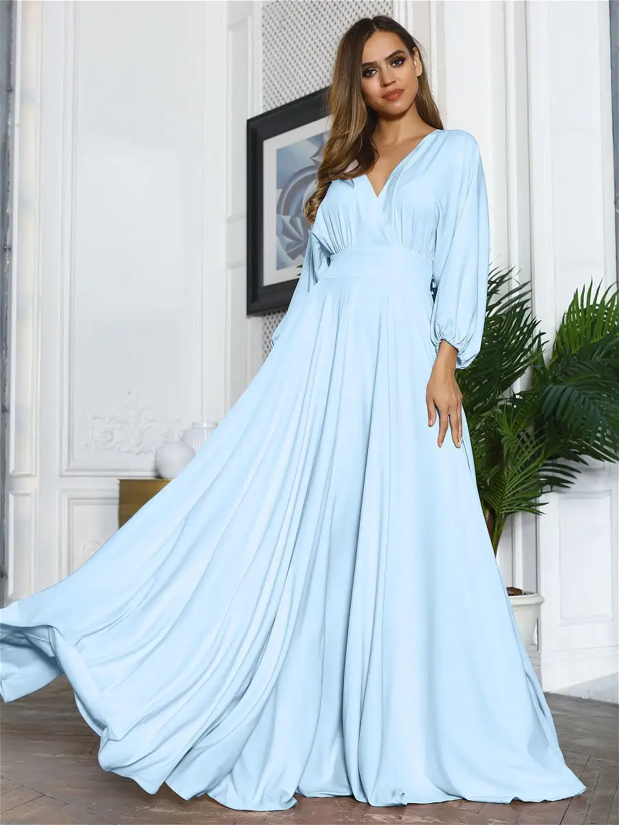Синее вечернее платье в пол с рукавами