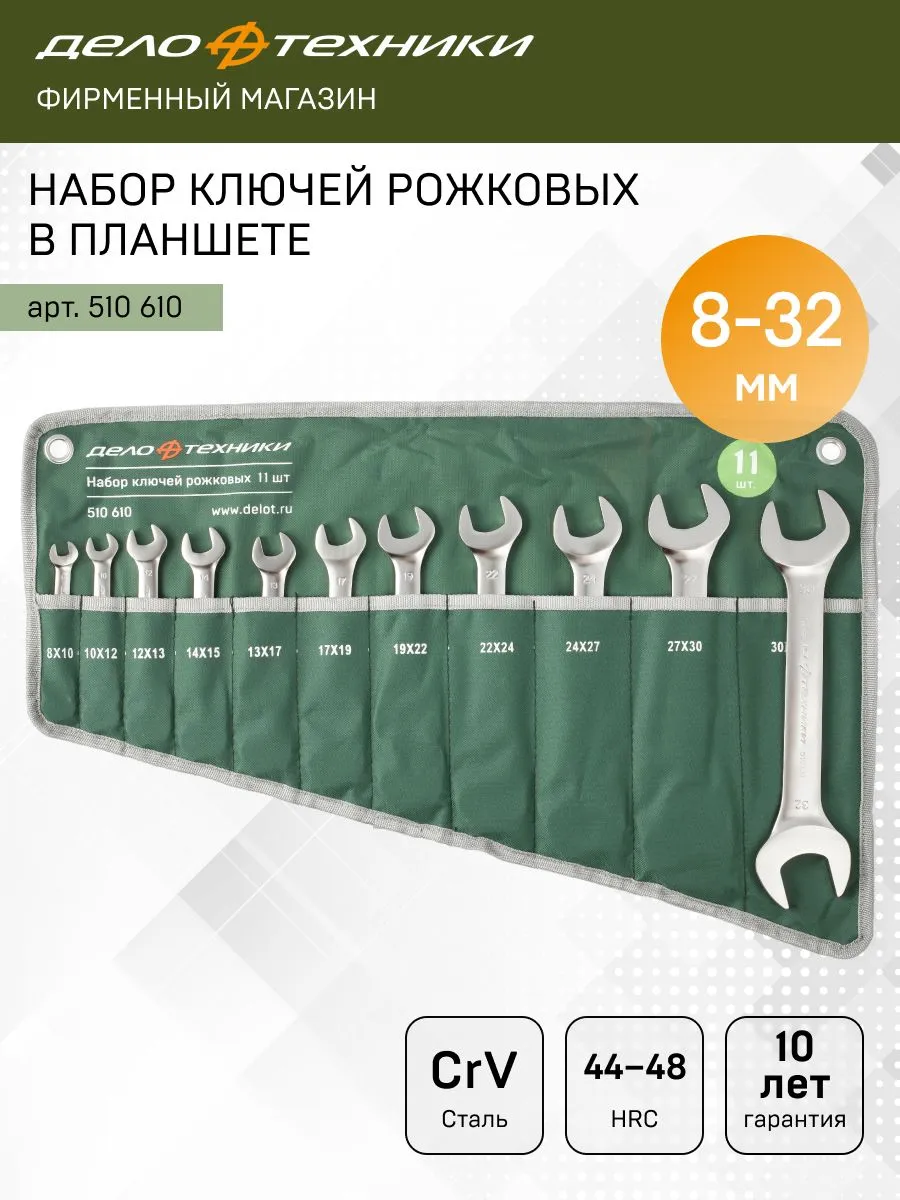 Набор ключей рожковых 11 шт., планшет тетроновый, 510610