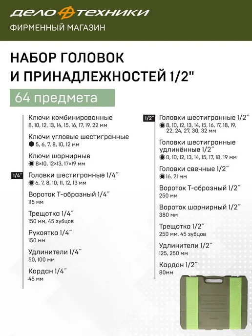 ДЕЛО ТЕХНИКИ Набор головок и принадлежностей 1 4", 1 2", 620764, вариант, фото 3