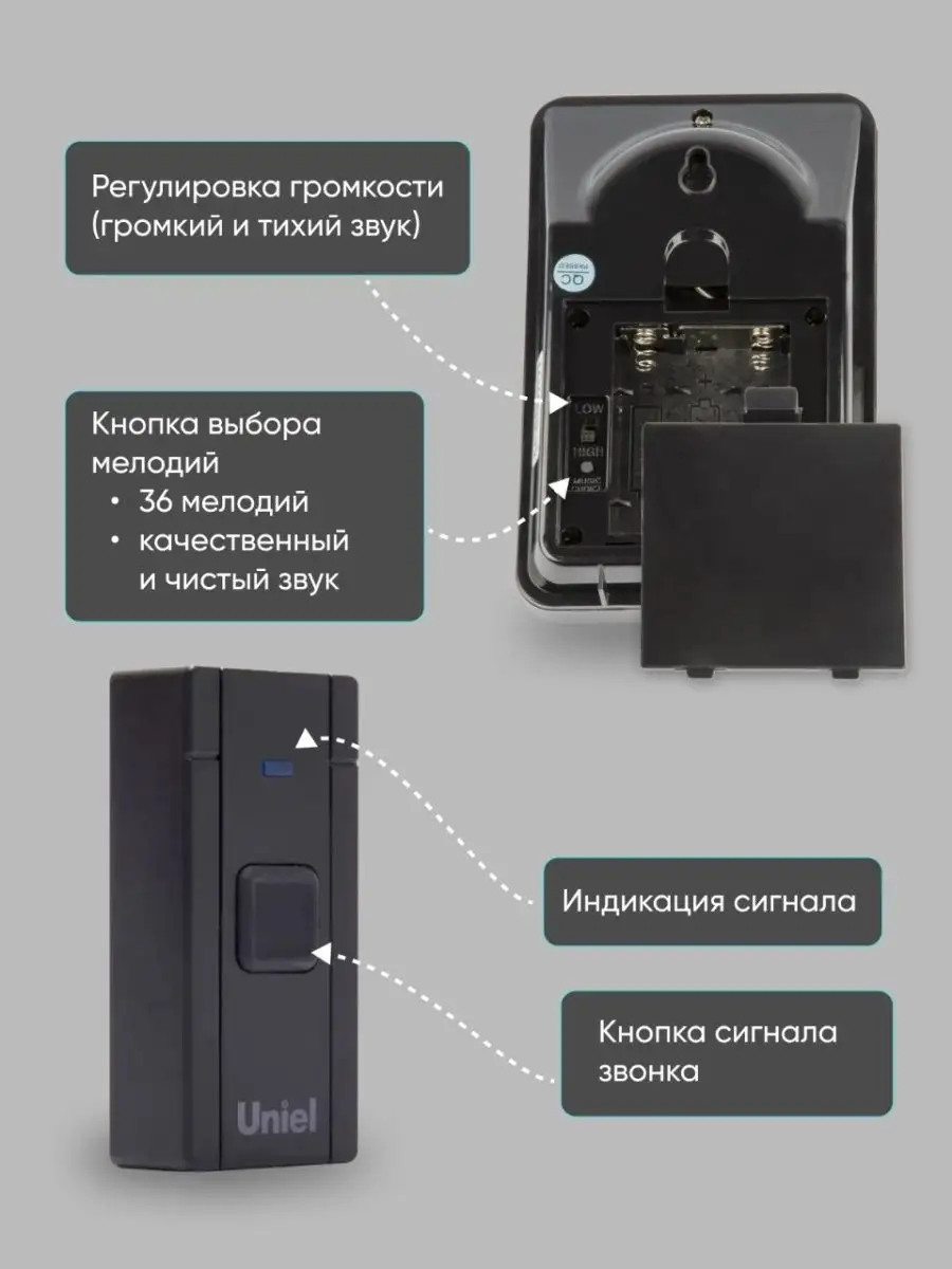 Звонок дверной электрoнный беспровoдной, 36 мелодий, черный Uniel 11550249  купить за 855 ₽ в интернет-магазине Wildberries