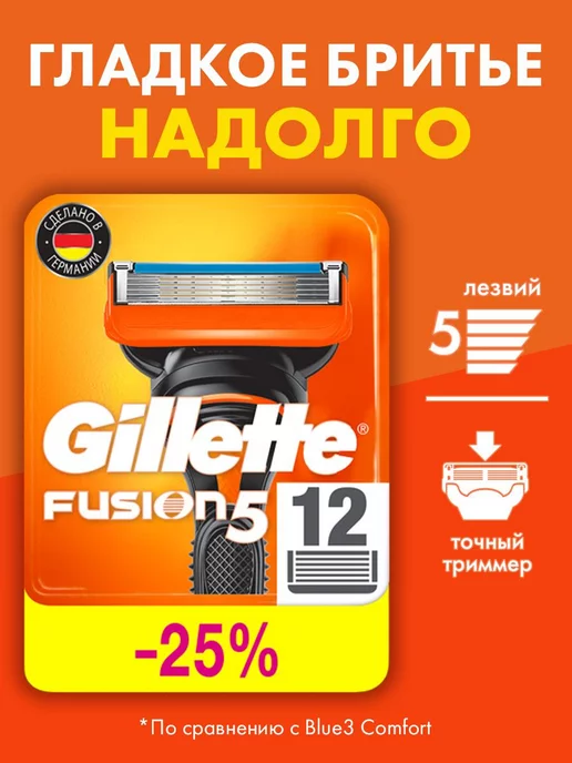 GILLETTE Кассеты для бритья сменные лезвия для бритвы Fusion 5 12 шт