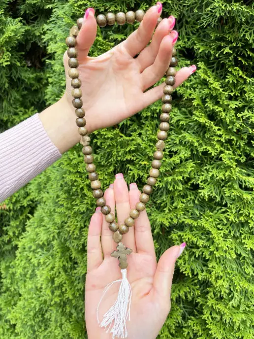 Веллери Деревянные православные четки - 50 бусин с крестом, ясень, зеленый, фото 3
