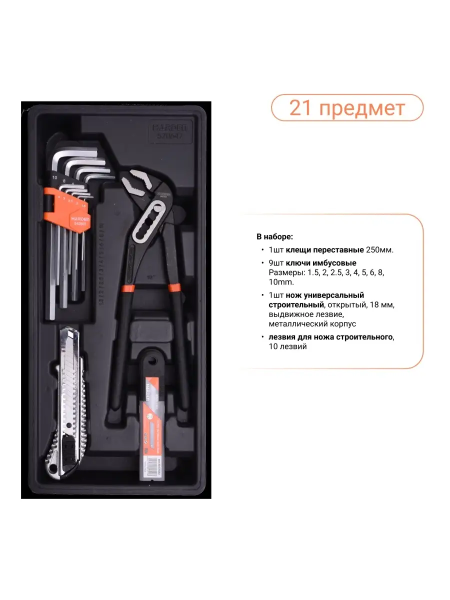 Набор инструментов 21 предмет клещи переставные, ключи имбус…