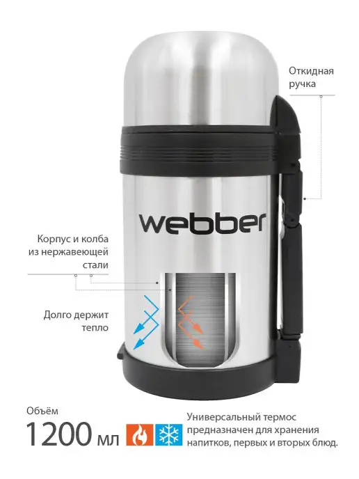 Webber Термос для еды и напитков с ремнем 1,2 литра, серый, фото 3