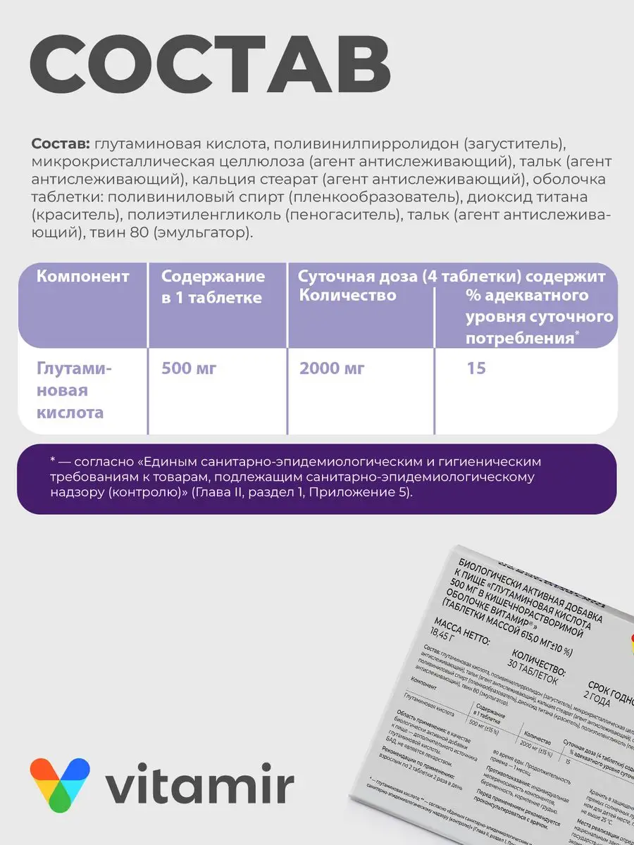 Глутаминовая кислота от стресса №30 Витамир 11759034 купить в  интернет-магазине Wildberries