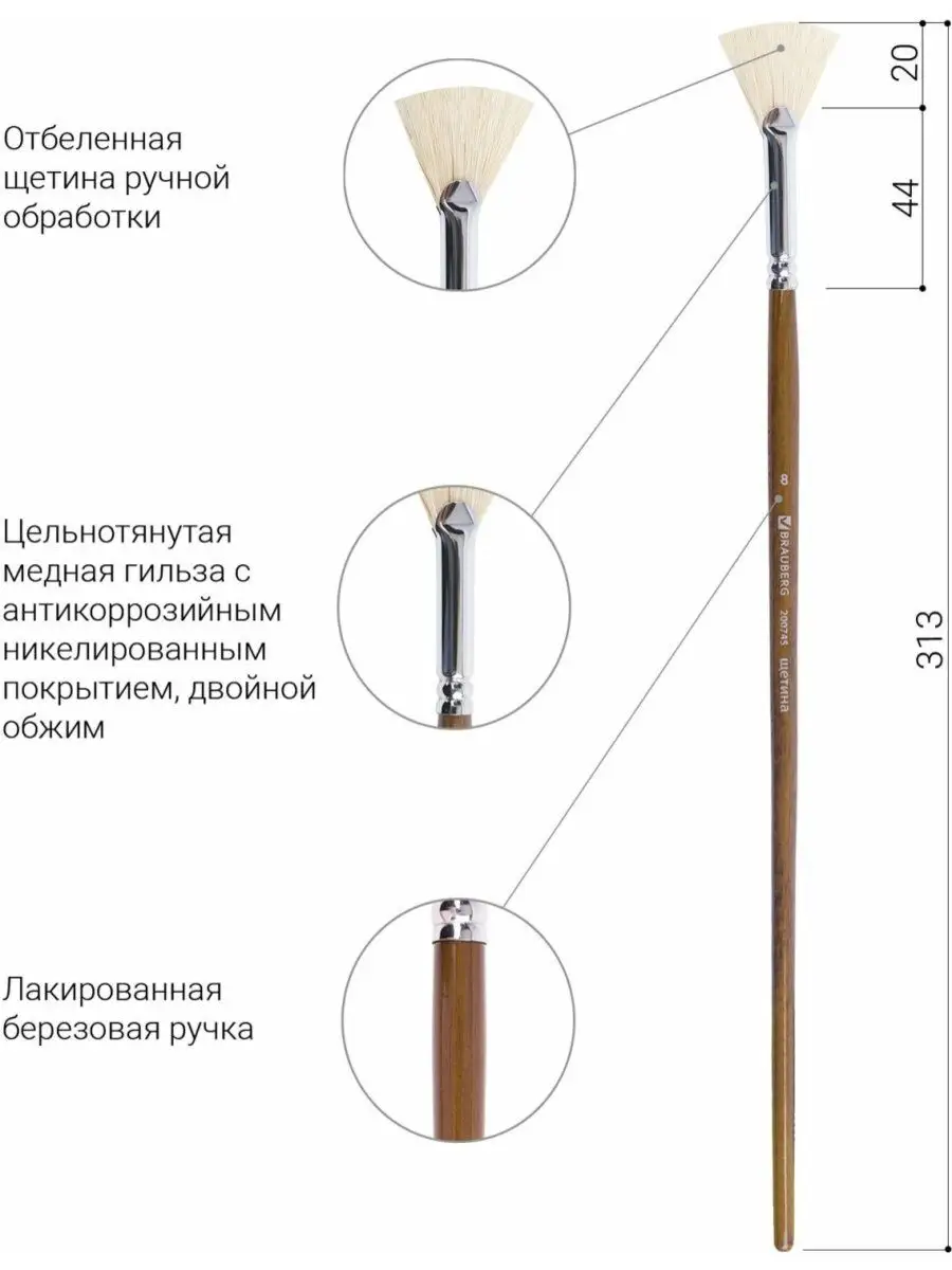 Brauberg Кисть художественная щетина, веерная, № 8, длинная ручка