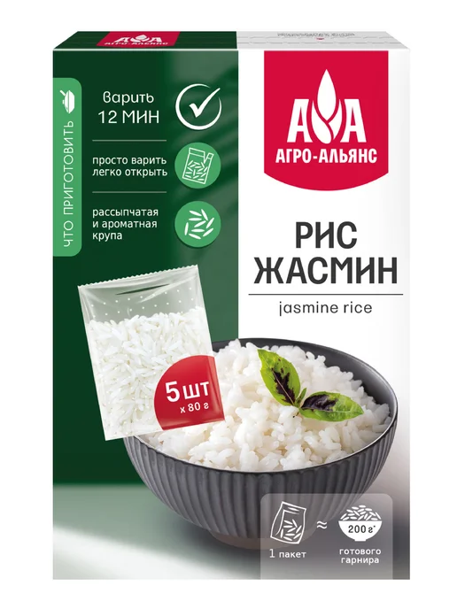 Агро-Альянс Рис Жасмин в варочных пакетах (5шт по 80г) 400г, 5 шт, 80 г
