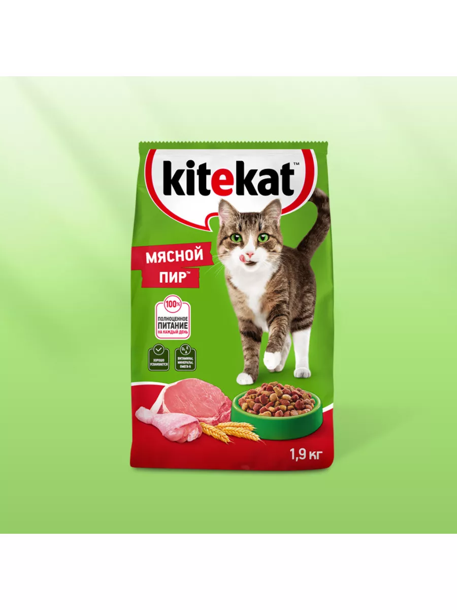 Сухой корм Kitekat для взрослых кошек, Мясной Пир, 1.9кг Kitekat 11844788  купить в интернет-магазине Wildberries