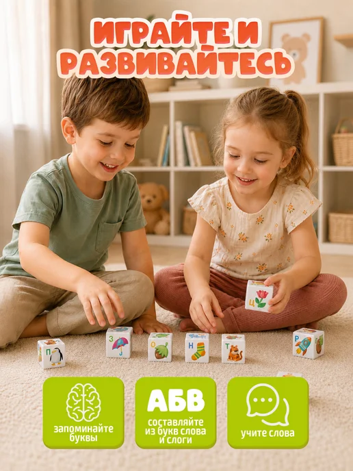 ДЕСЯТОЕ КОРОЛЕВСТВО Развивающие детские кубики с буквами "Азбука" 12 штук, вариант, фото 6