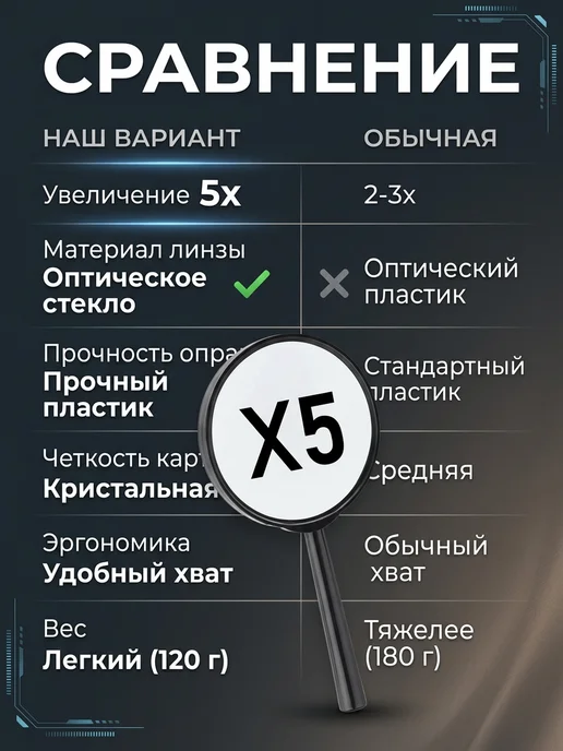 Всё для дома Лупа для чтения с ручкой увеличение 5, диаметр 90 мм, вариант, фото 5