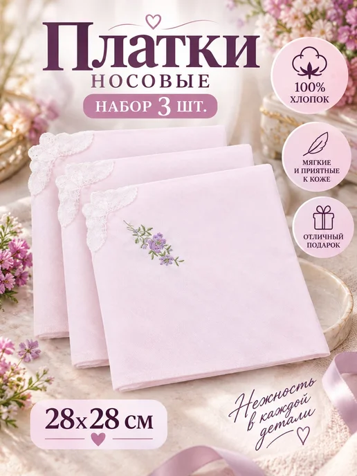 Lapastel Платки 3 шт 28х28 см хлопок с кружевом с вышивкой в подарок, 28x28 см, 3 шт