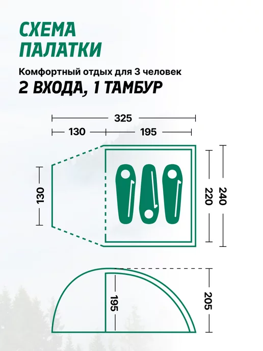 Tramp Палатка кемпинговая 3 местная Bell 3 v 2, зеленый, фото 6