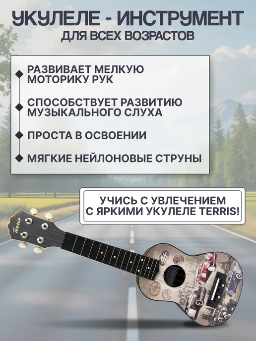 Terris Укулеле сопрано PLUS 70 CARS, серый, фото 3