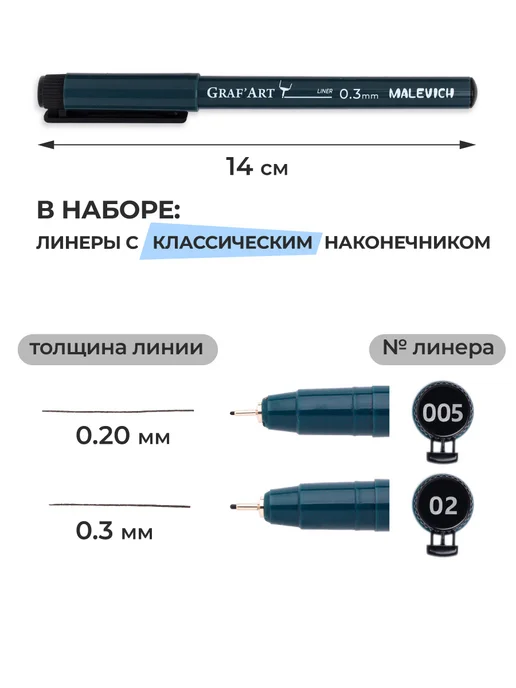 Малевичъ Набор линеров (капиллярные ручки), толщина 0.2, 03мм, черный, фото 2