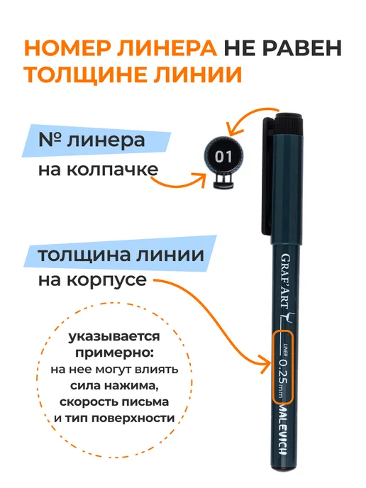 Малевичъ Набор линеров (капиллярные ручки), толщина 0.2, 03мм, черный, фото 6