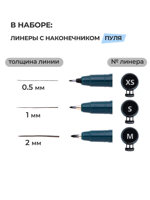 Малевичъ Капиллярные ручки линеры GrafArt, набор 3 шт, пуля XS, S, M, 3 шт, фото 2