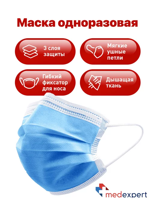 Med Expert Маски медицинские черные одноразовые для лица, голубой, фото 3