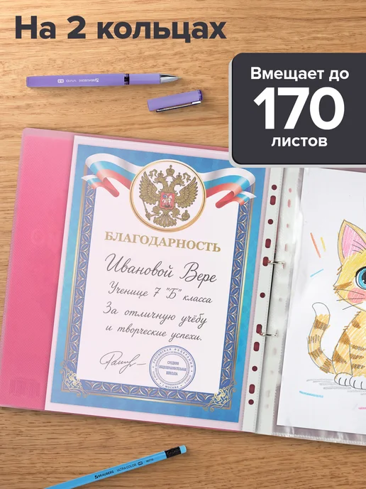 Brauberg Папка для портфолио ребенка А4 2 кольца 20 файлов, розовый, фото 2