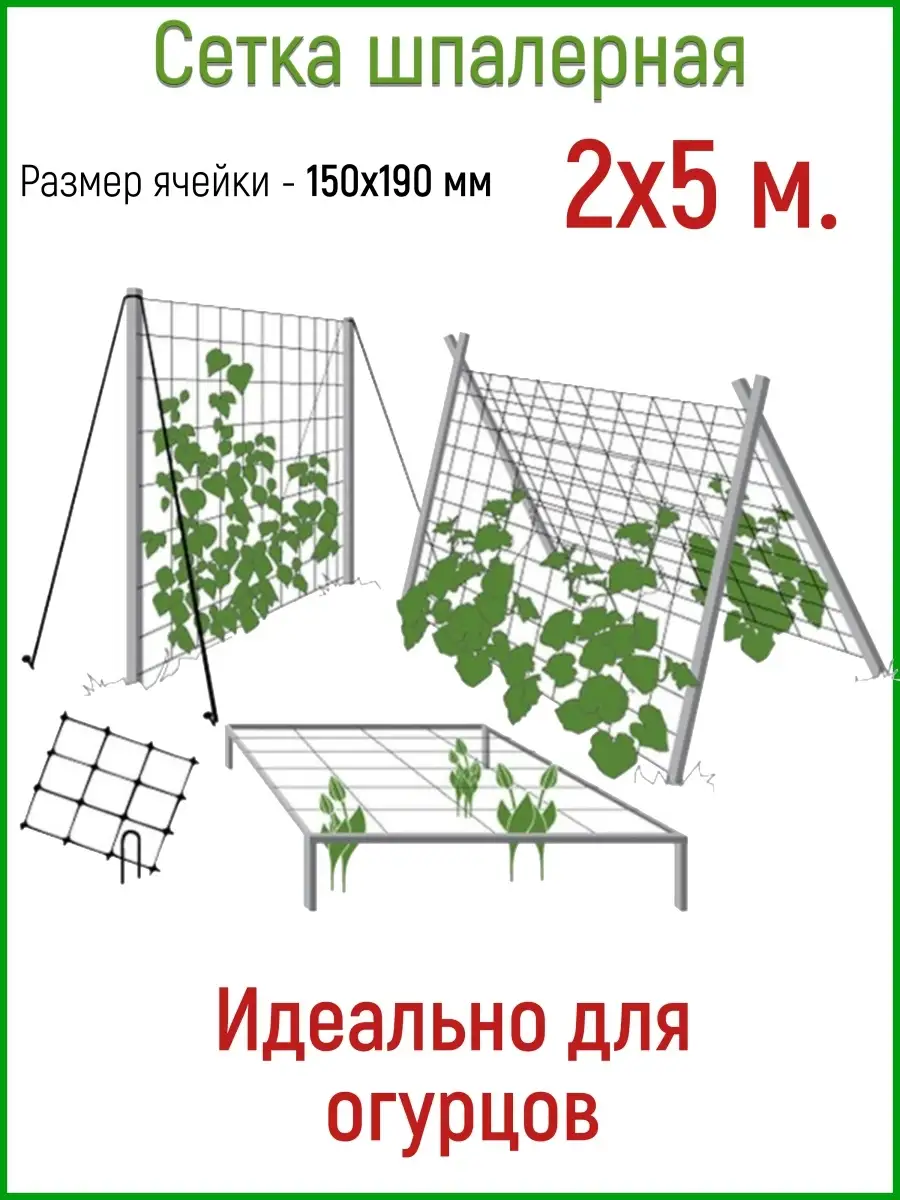 Сетка шпалерная для огурцов, размер 2м*5м, ячейка 170мм. Протэкт 12642457  купить в интернет-магазине Wildberries