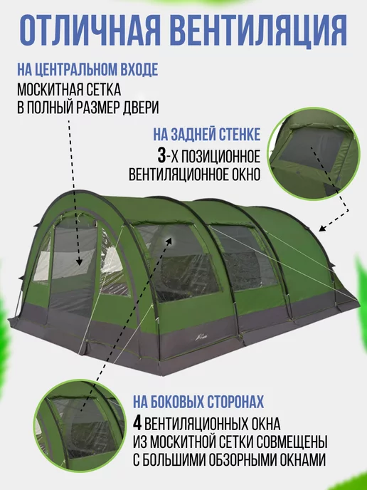 Trek Planet Палатка туристическая 4 местная водонепроницаемая с тамбуром, зеленый, фото 7