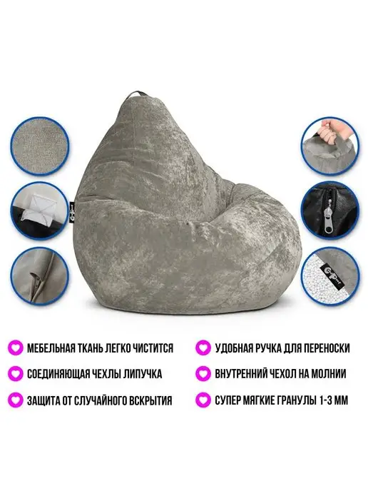 GoodPoof Кресло-мешок Груша, Микровелюр, Велюр натуральный, Размер XXL,темно-зеленый, серый, фото 3