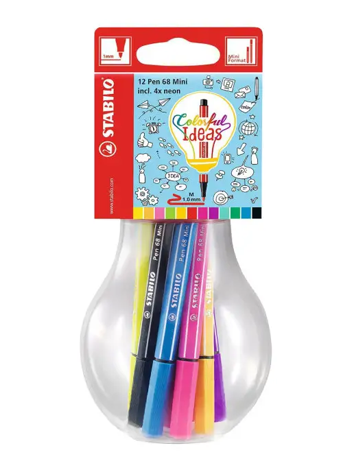 STABILO Мини-фломастеры Pen 68 Mini, 12 цветов в футляре-лампочке, 12 цв., в упаковке 90 г