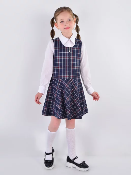SUPERШКОЛА Сарафан школьный в клетку на молнии, синий, фото 5