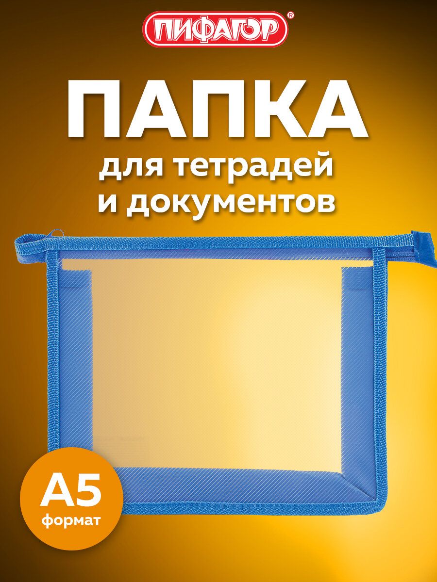 Папка для тетрадей А5 на молнии, прозрачная, синяя Пифагор 12848533 купить  за 205 ₽ в интернет-магазине Wildberries