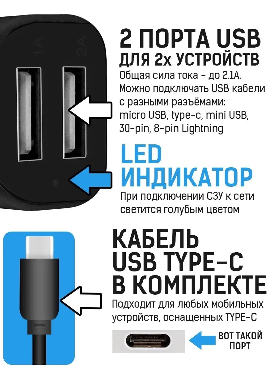 Автомобильное зарядное устройство 2xUSB + кабель USB Type-C Krutoff  12867649 купить за 219 ₽ в интернет-магазине Wildberries