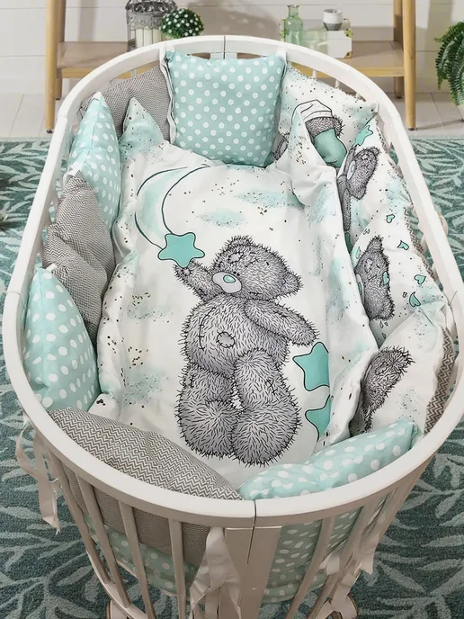 Happy Family Studio Комплект бортики в кроватку для новорожденных Мишка Мятный, белый, фото 2