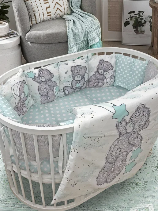 Happy Family Studio Комплект бортики в кроватку для новорожденных Мишка Мятный, белый, фото 3