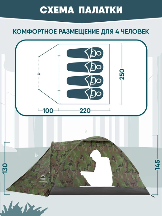Jungle Camp Палатка туристическая 4 местная водонепроницаемая с тамбуром, зеленый, фото 2