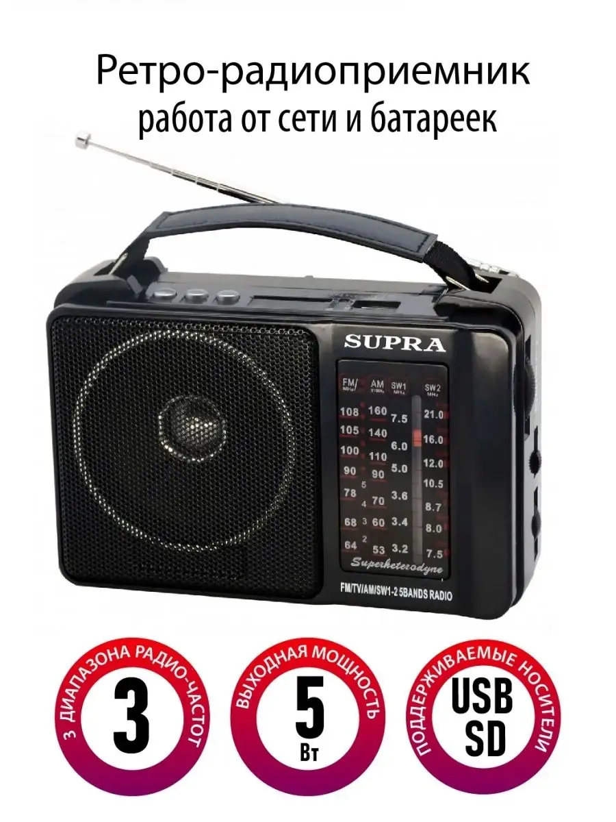 Радиоприемник ретро от сети и батареек / Радио колонка с usb Supra 12957547  купить за 1 057 ₽ в интернет-магазине Wildberries