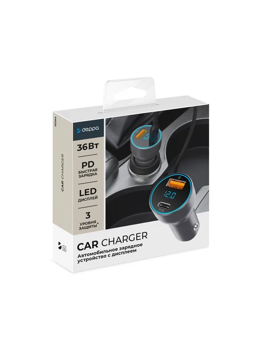 DEPPA Автомобильная зарядка USB-C + USB A, PD, QC, 36 Вт, дисплей, 36 Вт, фото 5
