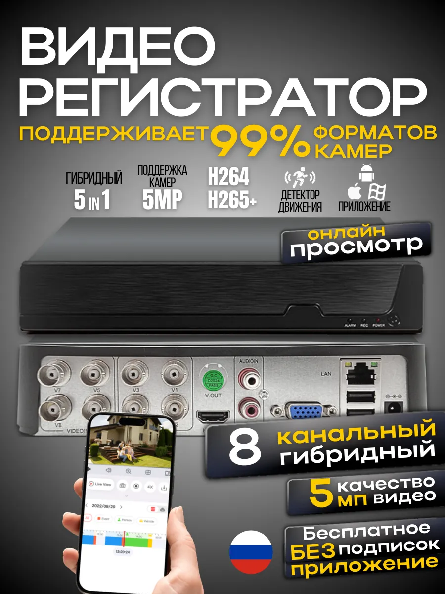 Видеорегистратор гибридный 8 каналов AHD 5 Mpix + IP 2 Mpix