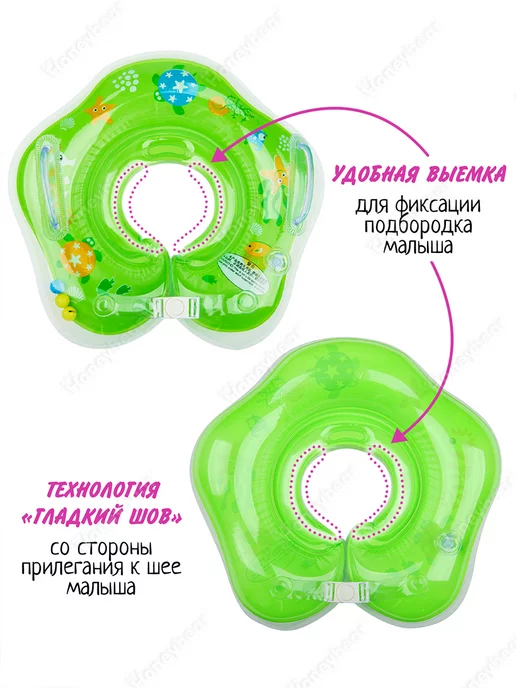 Honeybear Круг на шею для купания новорожденных надувной 0+, зеленый, фото 5